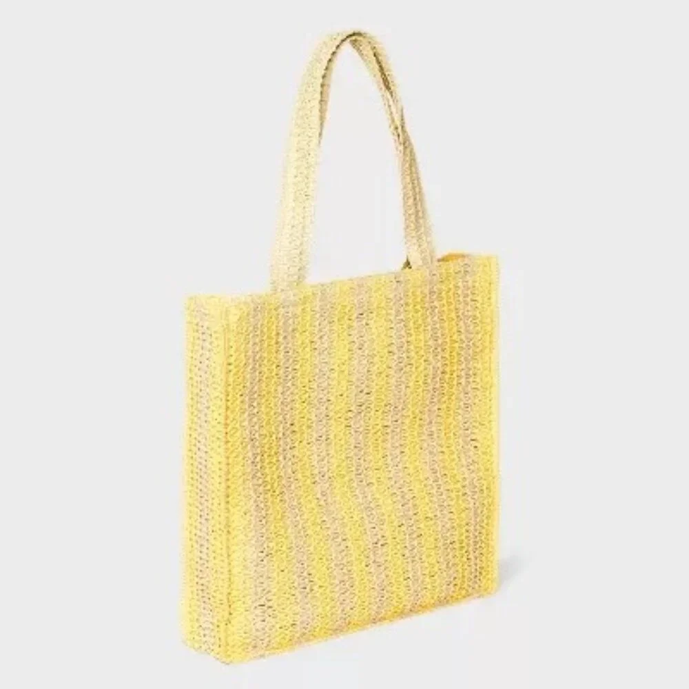 Universal Thread Crochet Woven Handbag Yellow Beige Tote Single Compartment - Picture 3 of 11